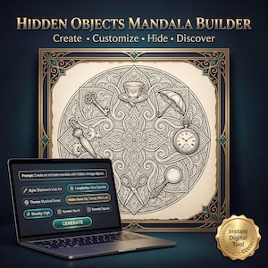 Generador de sugerencias para mandalas de objetos ocultos, creador de páginas de rompecabezas de búsqueda y descubrimiento, creador de sugerencias para el viaje intermedio