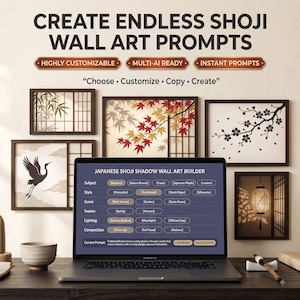 Könnte beinhalten: Ein Laptop mit der Benutzeroberfläche des Japanese Shoji Shadow Wall Art Builder, umgeben von gerahmten Wandbildern mit Bambus, Ahornblättern, Kirschblüten, einem Kranich und einer Laterne, mit dem Text CREATE ENDLESS SHOJI WALL ART PROMPTS.