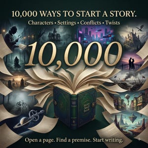 May include: A green book titled Story Seed Book with pages fanning out, surrounded by various illustrated scenes including a detective, a castle, and a city. The text reads 10,000 WAYS TO START A STORY. Characters, Settings, Conflicts, Twists.