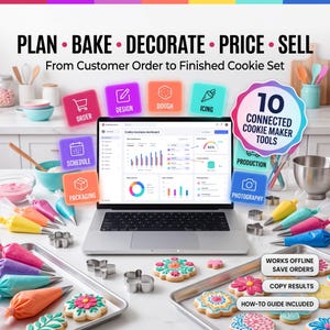 Può includere: Un portatile che mostra una dashboard per attività di biscotti, circondato da icone colorate: Order, Design, Dough, Icing, Schedule, Packaging, Production, Photography. Testo: PLAN BAKE DECORATE PRICE SELL, 10 CONNECTED COOKIE MAKER TOOLS.