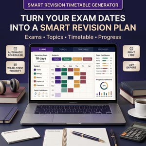 May include: A laptop screen displaying a smart revision timetable generator interface with sections for exams, topics, and progress. The screen shows a weekly schedule grid, subject lists, and a progress dashboard. Text includes SMART REVISION TIMETABLE GENERATOR.