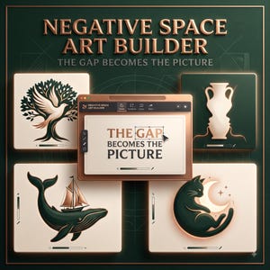 May include: A digital interface titled Negative Space Art Builder displays the text The Gap Becomes The Picture. Four square panels show illustrations of a tree with a bird, a vase, a whale with a sailboat, and a cat with a crescent moon.