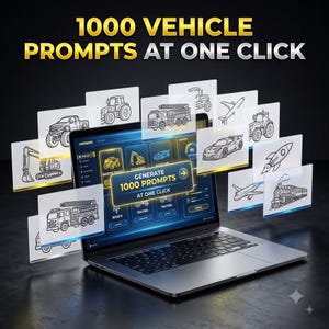 Op de afbeelding: Een laptop met een digitaal dashboard met de tekst 1000 VEHICLE PROMPTS AT ONE CLICK. Boven het scherm zweven meerdere doorschijnende kaarten met zwart-witte lijntekeningen van diverse voertuigen zoals vrachtwagens, vliegtuigen en treinen.