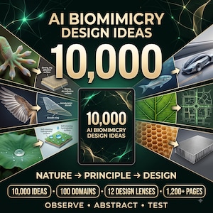 Puede incluir: Una guía digital titulada 10,000 AI BIOMIMICRY DESIGN IDEAS que presenta una pantalla de tableta central rodeada por seis paneles que muestran conceptos inspirados en la naturaleza como patas de gecko, alas de ave, hojas de loto y panales.