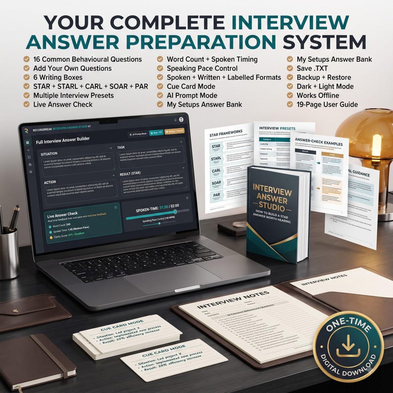 Puede incluir: Un sistema digital de preparaci&oacute;n de entrevistas que incluye un port&aacute;til con una interfaz de creaci&oacute;n de respuestas, un manual impreso titulado Interview Answer Studio, tarjetas de referencia y notas. El texto incluye Your Complete Interview Answer Preparation System y una insignia de One-Time Digital Download.