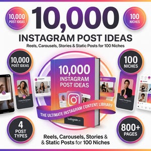 Könnte beinhalten: Eine digitale Produktwerbung mit einem zentralen Buch mit dem Titel 10,000 Instagram Post Ideas, umgeben von kreisförmigen Abzeichen, die 10.000 Post-Ideen, 100 Nischen, 4 Post-Typen und über 800 Seiten hervorheben, in einem violetten und orangen Farbverlauf.