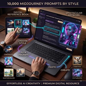 Pu&ograve; includere: Un libro di riferimento digitale intitolato 10,000 Midjourney Prompts by Style visualizzato su un computer portatile e un tablet. Lo schermo mostra varie categorie artistiche come cinematic, photorealistic, anime, fantasy e futuristic, con istruzioni testuali per scegliere, selezionare, incollare e creare opere d'arte generate dall'IA.