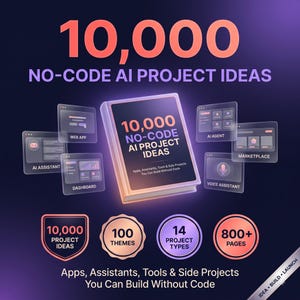 May include: A digital book titled 10,000 NO-CODE AI PROJECT IDEAS surrounded by floating interface icons for web apps, AI assistants, dashboards, agents, and voice assistants. Below are four circular badges noting 10,000 ideas, 100 themes, 14 types, and 800+ pages.