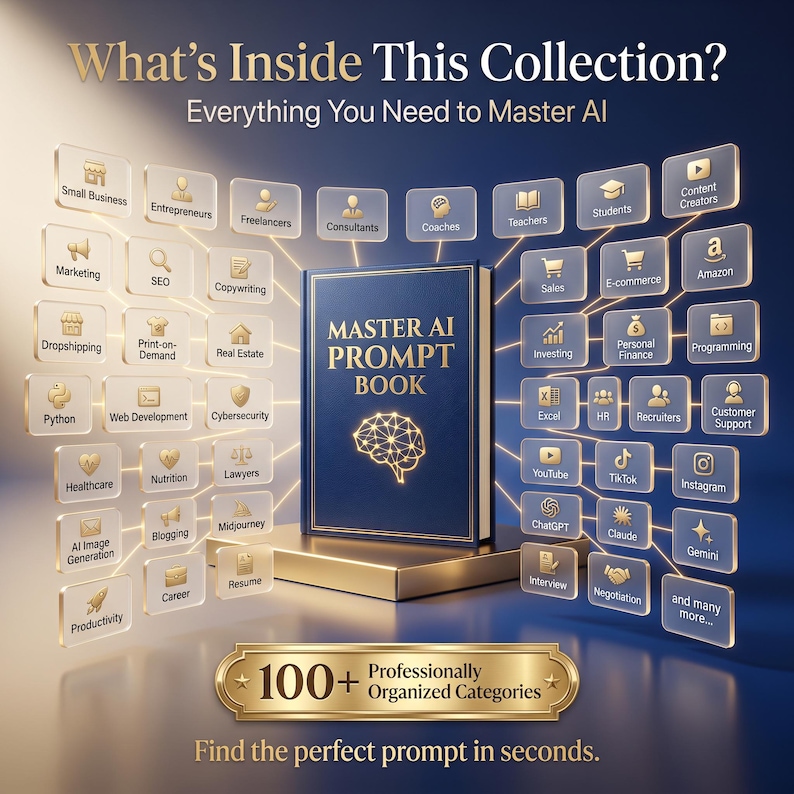 Puede incluir: Un libro azul titulado Master AI Prompt Book con un icono de cerebro dorado en la portada, sobre una plataforma dorada. Est&aacute; rodeado por numerosos iconos rectangulares de tono dorado etiquetados con varias categor&iacute;as profesionales.