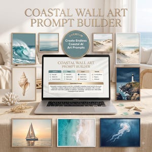 Puede incluir: Un portátil que muestra una interfaz de generador de prompts para arte mural costero, rodeado de impresiones enmarcadas de olas, conchas, faros, veleros y medusas. La pantalla muestra campos de texto para sujeto, estilo y color.