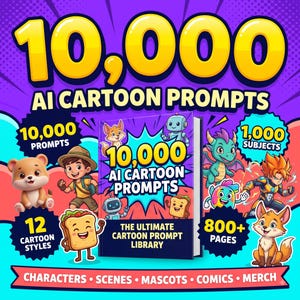 Può includere: Un libro intitolato 10,000 AI Cartoon Prompts su sfondo viola con illustrazioni a cartoni animati di un orso, un ragazzo, un robot, un panino, un drago e una volpe. Il testo evidenzia 10.000 prompt, 1.000 soggetti, 12 stili e oltre 800 pagine.