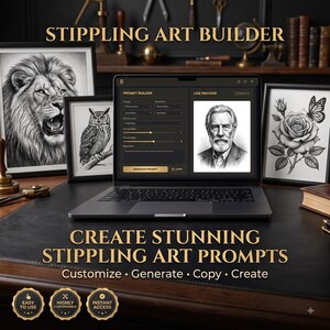 May include: A laptop displaying a Stippling Art Builder interface with a prompt builder and live preview of a portrait. Framed stippling art prints of a lion, an owl, and a rose with a butterfly are arranged behind the laptop on a dark desk.