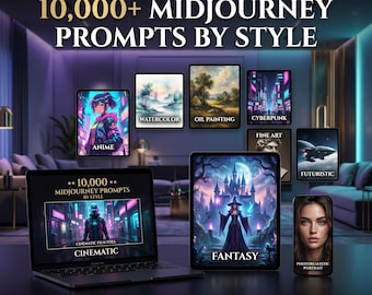 10000 Midjourney Prompts, AI Art Style Guide, Cinematic Anime Fantasy Bundle PDF, Instant Download