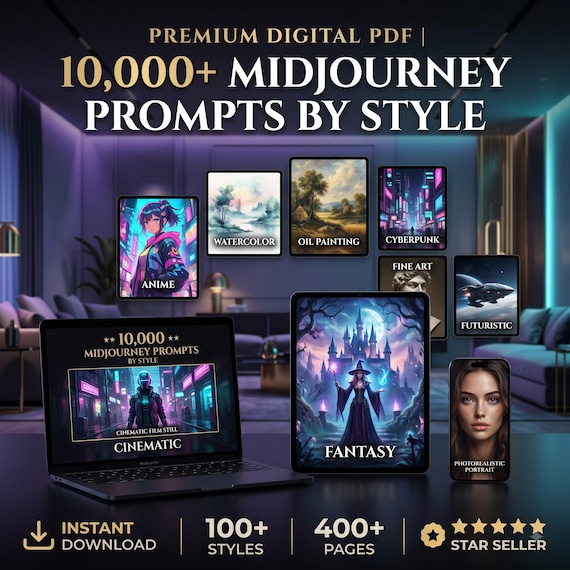 10000 Midjourney Prompts, AI Art Style Guide, Cinematic Anime Fantasy Bundle PDF, Instant Download