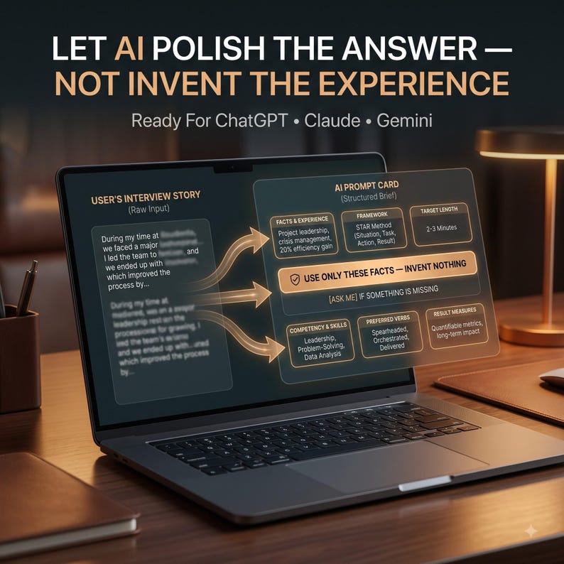 Puede incluir: Una pantalla de port&aacute;til muestra un gr&aacute;fico titulado LET AI POLISH THE ANSWER &mdash; NOT INVENT THE EXPERIENCE. Muestra un flujo de trabajo desde una historia de entrevista de usuario hasta una tarjeta de instrucciones de IA con secciones de hechos y habilidades.