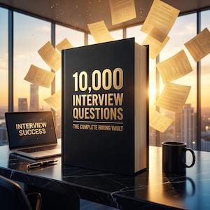 May include: A thick black book with gold text reading 10,000 INTERVIEW QUESTIONS THE COMPLETE HIRING VAULT, positioned on a desk with a laptop displaying INTERVIEW SUCCESS, a black pen, a black mug, and floating papers in a bright office.