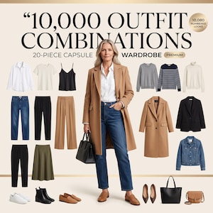 May include: A 20-piece capsule wardrobe collection featuring a camel coat, white button-down shirt, blue jeans, black blazer, striped sweater, gray sweater, turtleneck, denim jacket, skirts, trousers, loafers, boots, sneakers, and handbags.