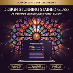 Può includere: Un computer portatile che mostra l'interfaccia del Stained Glass Design Builder, con selezione dei colori e campi di testo. Lo sfondo presenta una vivace vetrata circolare con motivi rossi, blu e viola e raggi di luce.