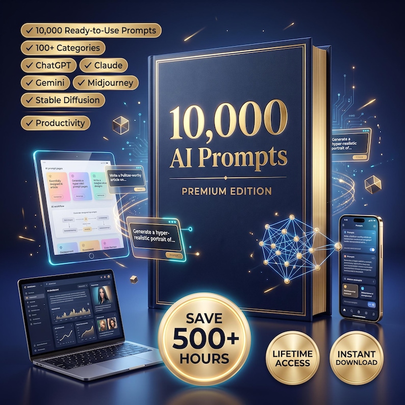 Puede incluir: Un gran libro azul oscuro titulado 10,000 AI Prompts Premium Edition, acompa&ntilde;ado de un port&aacute;til, una tableta y un tel&eacute;fono inteligente con interfaces digitales. Insignias doradas indican 10,000 prompts listos para usar y 100+ categor&iacute;as.