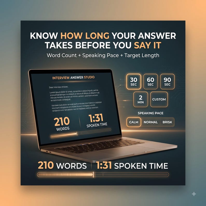 Puede incluir: Un port&aacute;til que muestra la interfaz Interview Answer Studio con el texto KNOW HOW LONG YOUR ANSWER TAKES BEFORE YOU SAY IT, 210 WORDS, 1:31 SPOKEN TIME, y botones de duraci&oacute;n como 30 SEC, 60 SEC, 90 SEC, 2 MIN y CUSTOM.