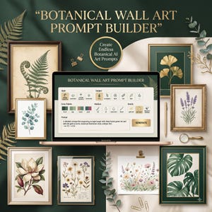 Può includere: Un computer portatile che mostra un'interfaccia per la creazione di prompt di arte murale botanica, circondato da stampe botaniche incorniciate con felci, eucalipto, magnolie, fiori di campo e foglie di monstera, con graffette dorate.