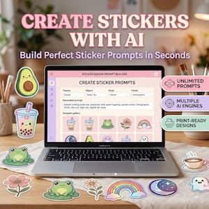 Può includere: Un computer portatile argentato che mostra un'interfaccia per la creazione di design di adesivi con il testo CREATE STICKER PROMPTS. Intorno al portatile ci sono vari adesivi colorati tra cui un avocado, tè boba, rane, fiori, un arcobaleno e una luna.