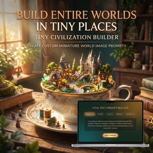 Peut inclure: Un graphique numérique montrant une tasse à thé remplie d'un village médiéval miniature, d'un château et d'un paysage. Le texte indique : BUILD ENTIRE WORLDS IN TINY PLACES, TINY CIVILIZATION BUILDER, CREATE CUSTOM MINIATURE WORLD IMAGE PROMPTS. Un ordinateur portable affiche une interface HTML TEXT-PROMPT BUILDER.