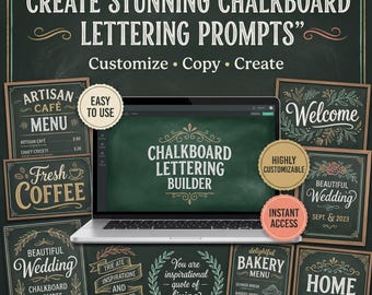 Può includere: Un generatore di scritte per lavagna digitale visualizzato sullo schermo di un computer portatile, circondato da vari modelli grafici in stile lavagna con testo come Artisan Cafe Menu, Fresh Coffee, Welcome, Beautiful Wedding e Home Sign.
