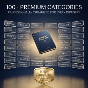 Puede incluir: Un libro azul oscuro titulado AI PROMPT COLLECTION centrado entre rect&aacute;ngulos de vidrio flotantes que muestran varias categor&iacute;as profesionales. Debajo del libro hay un escudo dorado con el texto 100+ Categories Professionally Organized.