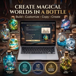 May include: A laptop displaying a Bottle Miniature Scene Builder interface surrounded by glass bottles containing various miniature scenes including a forest, city, beach, underwater kingdom, galaxy, ship, snowy mountains, and a fairy garden.