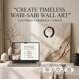 Könnte beinhalten: Ein Laptop mit einer Wabi-Sabi Plaster Wall Art Builder-Oberfläche neben einer strukturierten beigen Leinwand mit einem schwarzen Enso-Kreis. Text: CREATE TIMELESS WABI-SABI WALL ART, CUSTOMIZE, GENERATE, CREATE, MULTI-AI READY, HIGHLY CUSTOMIZABLE, COPY-READY PROMPTS.