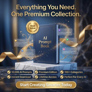 Puede incluir: Un libro azul oscuro titulado AI Prompt Book sobre un pedestal de m&aacute;rmol blanco. El texto dice Everything You Need. One Premium Collection. Incluye un sello dorado Best Value, cuadros de informaci&oacute;n flotantes y cintas doradas. El texto inferior dice Start Creating Smarter Today.