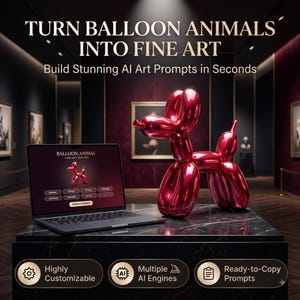 Könnte beinhalten: Ein Laptop mit einer Balloon Animal Fine Art Builder-Oberfläche neben einer glänzenden roten Ballonhund-Skulptur. Der Text lautet: TURN BALLOON ANIMALS INTO FINE ART, Build Stunning AI Art Prompts in Seconds, Highly Customizable, Multiple AI Engines, Ready-to-Copy Prompts.