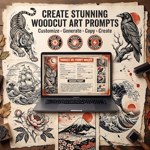 Può includere: Un portatile che mostra un'interfaccia per la creazione di prompt artistici xilografici, circondato da varie illustrazioni in stile xilografia tra cui una tigre, un corvo, una nave, un fiore e un paesaggio montano, con il testo CREATE STUNNING WOODCUT ART PROMPTS.