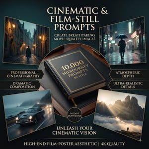 Pu&ograve; includere: Un libro nero intitolato 10,000 MIDJOURNEY PROMPTS BY STYLE al centro, circondato da quattro immagini rettangolari che mostrano una persona in una strada piovosa, una persona con ombrello, un'auto d'epoca su strada e un paesaggio montano con raggi.