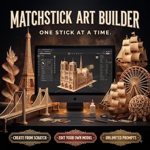 Könnte beinhalten: Ein Computermonitor mit der Software Matchstick Art Builder, umgeben von komplexen Streichholzmodellen wie dem Eiffelturm, einer Brücke, Schiffen und einem Riesenrad. Der Text lautet: MATCHSTICK ART BUILDER, ONE STICK AT A TIME.
