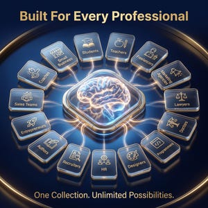 Puede incluir: Un gr&aacute;fico digital con un icono de cerebro central brillante conectado a doce paneles rectangulares con iconos dorados y etiquetas: Small Business, Students, Teachers, Freelancers, Marketing Agencies, Lawyers, Doctors, Programmers, Designers, HR, Recruiters y Authors. Texto: Built For Every Professional. One Collection. Unlimited Possibilities.