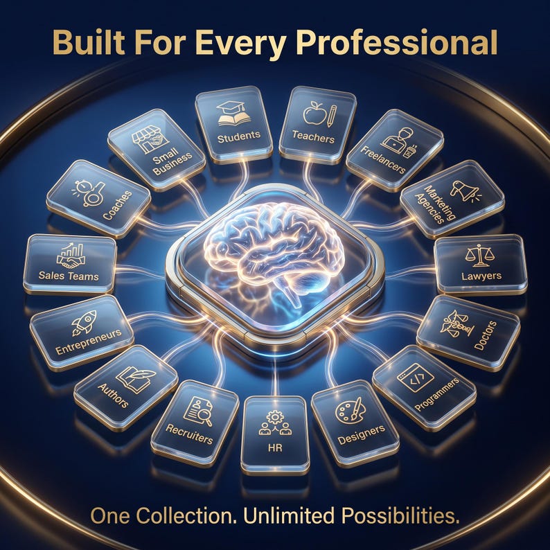 Puede incluir: Un gr&aacute;fico digital con un icono de cerebro central brillante conectado a doce paneles rectangulares con iconos dorados y etiquetas: Small Business, Students, Teachers, Freelancers, Marketing Agencies, Lawyers, Doctors, Programmers, Designers, HR, Recruiters y Authors. Texto: Built For Every Professional. One Collection. Unlimited Possibilities.