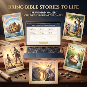 Könnte beinhalten: Ein Laptop mit einer Benutzeroberfläche zum Erstellen von Kinderbibelgeschichten, umgeben von fünf gerahmten Illustrationen biblischer Szenen wie der Arche Noah, Jesus, David und Goliath, Baby Moses und dem leeren Grab bei Sonnenaufgang.