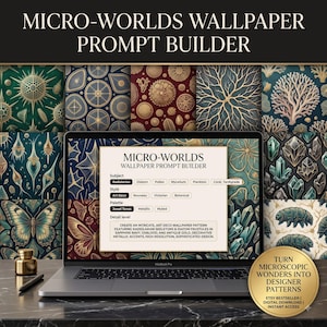 May include: A laptop displaying a Micro-Worlds Wallpaper Prompt Builder interface with a grid of intricate patterns featuring radiolarian skeletons, diatoms, coral, and crystals in jewel tones, alongside a gold circular badge with text.
