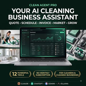 Może przedstawiać: Laptop wyświetlający pulpit nawigacyjny Clean Agent Pro z wykresami i harmonogramami. Tekst zawiera: CLEAN AGENT PRO, YOUR AI CLEANING BUSINESS ASSISTANT, QUOTE, SCHEDULE, INVOICE, MARKET, GROW, 12 POWERFUL TOOLS, NO MONTHLY SUBSCRIPTION, FOR CLEANERS & CLEANING BUSINESSES.