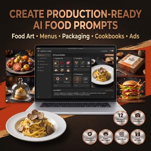 Op de afbeelding: Een laptop met de Food Art Studio AI prompt builder interface, omringd door diverse voorbeelden van voedselfotografie zoals pasta, een burger en verse producten. Het scherm toont instellingen voor ingrediënten, styling en camerabediening.