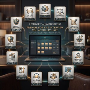 Puede incluir: Un port&aacute;til que muestra una interfaz de Interview Presets, rodeado de doce iconos cuadrados con bordes dorados. El texto incluye Interview Answer Studio, Prepare for the Interview You Actually Have y varias categor&iacute;as centradas en la carrera.