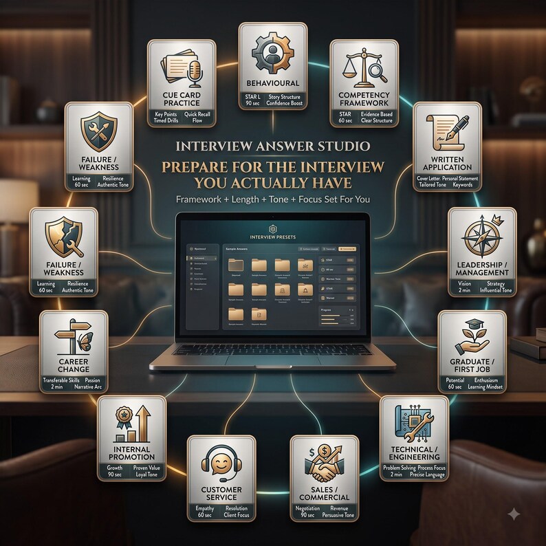 Puede incluir: Un port&aacute;til que muestra una interfaz de Interview Presets, rodeado de doce iconos cuadrados con bordes dorados. El texto incluye Interview Answer Studio, Prepare for the Interview You Actually Have y varias categor&iacute;as centradas en la carrera.
