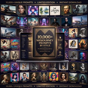 Pu&ograve; includere: Una visualizzazione di prodotto digitale con uno schermo di computer portatile e una grafica centrale di copertina di libro intitolata 10,000+ Midjourney Prompts By Style, circondata da una griglia di vari campioni di immagini artistiche.