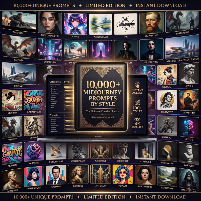 Pu&ograve; includere: Una visualizzazione di prodotto digitale con uno schermo di computer portatile e una grafica centrale di copertina di libro intitolata 10,000+ Midjourney Prompts By Style, circondata da una griglia di vari campioni di immagini artistiche.