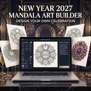 May include: A laptop displaying a New Year 2027 Mandala Art Builder software interface, surrounded by printed sheets featuring black and white mandala designs with clocks and the year 2027, set against a dark background with gold accents.