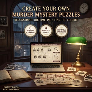 Pode incluir: Um kit de quebra-cabeça de mistério de assassinato digital com o texto CREATE YOUR OWN MURDER MYSTERY PUZZLES, RECONSTRUCT THE TIMELINE, FIND THE CULPRIT, 8 MYSTERY SCENARIOS, 4 DIFFICULTY LEVELS e PRINTABLE CASEBOOKS na tela.