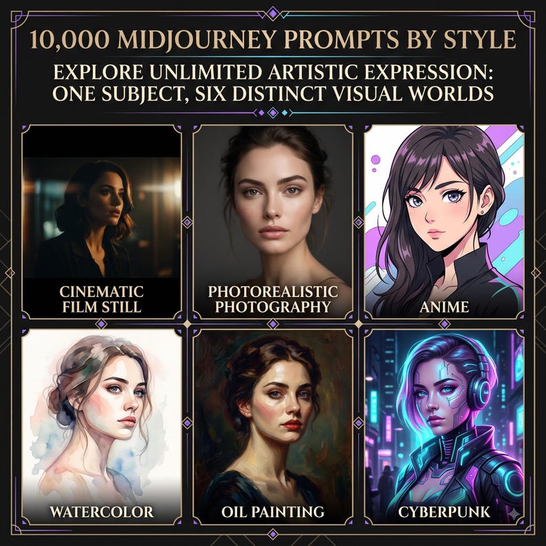 Pu&ograve; includere: Una guida digitale intitolata 10,000 Midjourney Prompts by Style, con il testo Explore Unlimited Artistic Expression: One Subject, Six Distinct Visual Worlds. Mostra sei variazioni di ritratto: fotogramma cinematografico, fotografia realistica, anime, acquerello, pittura a olio e cyberpunk.
