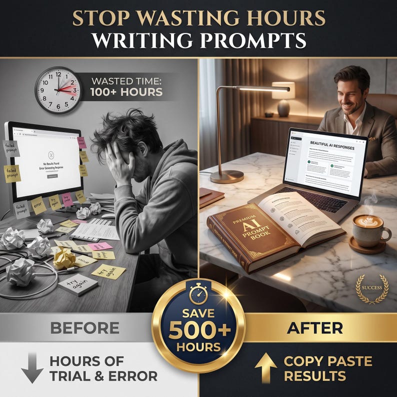 Puede incluir: Un gr&aacute;fico de pantalla dividida titulado STOP WASTING HOURS WRITING PROMPTS. El lado izquierdo muestra a una persona frustrada frente a una computadora con notas adhesivas y papel arrugado. El lado derecho muestra a una persona trabajando con una computadora port&aacute;til, un libro titulado PREMIUM AI PROMPT BOOK y una taza de caf&eacute;. Una insignia dorada central dice SAVE 500+ HOURS.